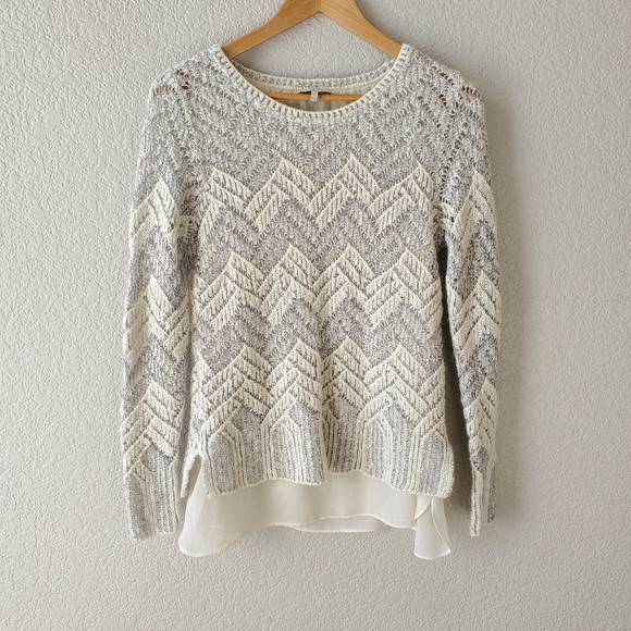 Lucky Brand Sweaters - Lucky Brand grey white silver pointelle knit chiffon layered sweater